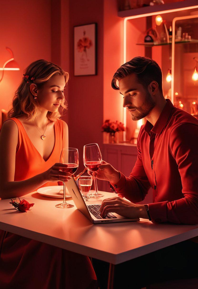 A dynamic, visually striking scene capturing the contrast between a romantic candlelit dinner and a couple engaging in an intimate video call through a laptop. Elements of modern technology, like smartphones and VR headsets, interspersed with traditional romantic symbols like roses and wine glasses. Utilize a warm color palette with a hint of neon for a modern twist. super-realistic. vibrant colors. warm background.