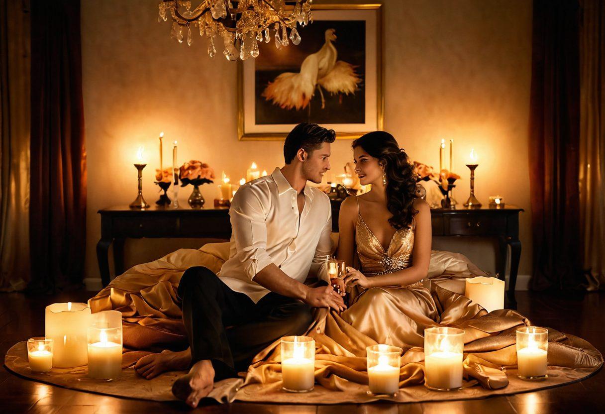 A soft-lit room adorned with elegant décor, featuring a couple enjoying a serene moment together, surrounded by candles and delicate silk fabrics. The atmosphere exudes warmth and intimacy, highlighting the beauty of connection and passion. Incorporate subtle hints of adult entertainment items tastefully placed to suggest allure and sensuality. Focus on rich textures and warm colors to evoke a sense of closeness and allure. super-realistic. warm tones. romantic ambiance.